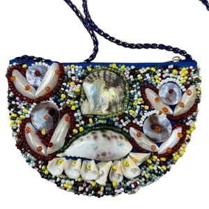 Beaded Sea Shell Purse Blue Multi Coastal Boho Mermaid Festival